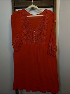 JODIFL Rust Crochet-Trim V-Neck Tunic